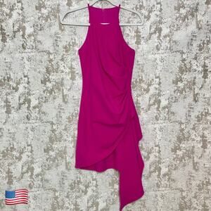Belle Badgley Mischka Daphne Halter Neck Side Drape Mini Dress in Fuchsia